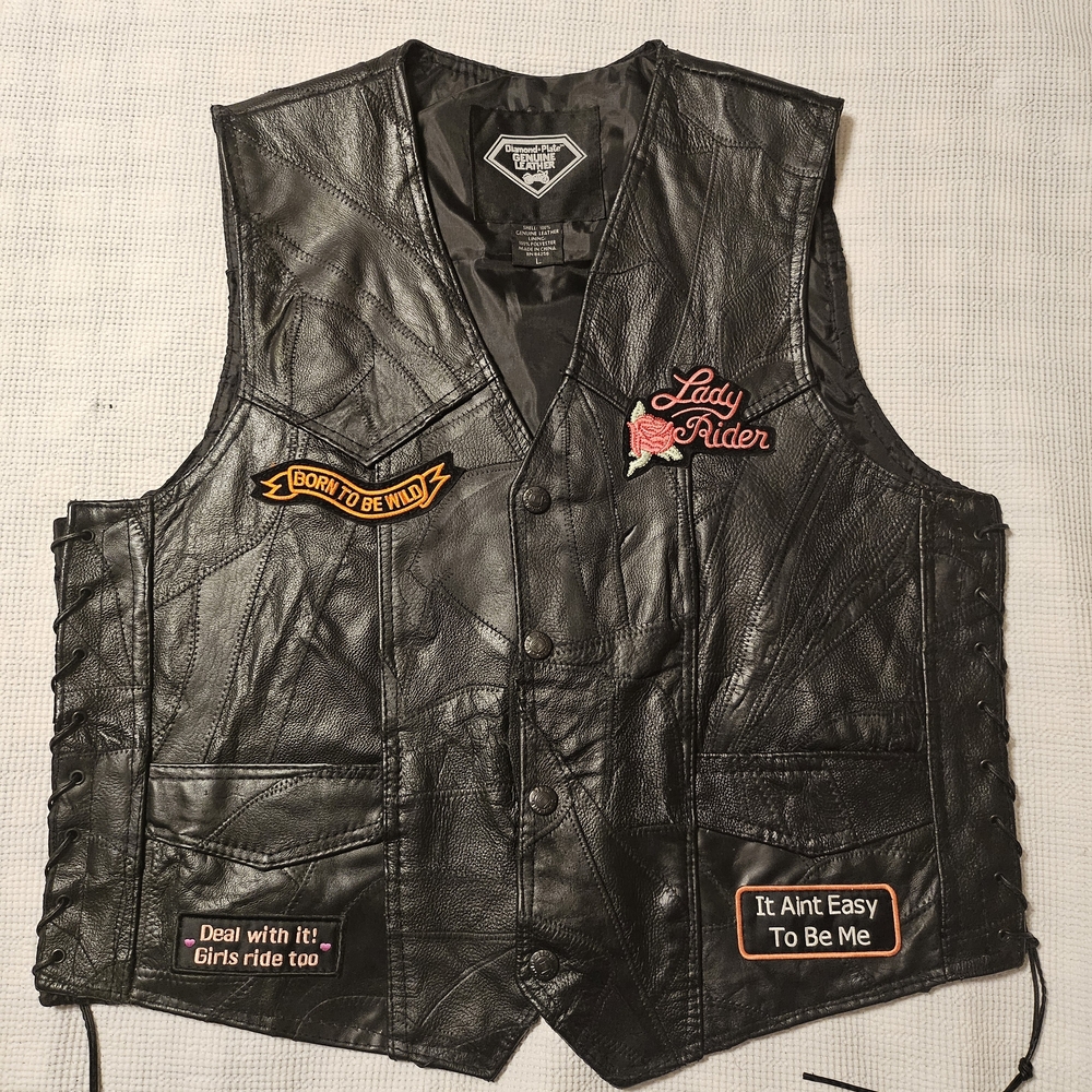 Leather Vest with Biker Patches - Black